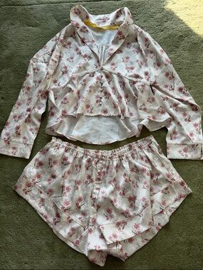 Free People White Pajama Set with Pink Floral Print